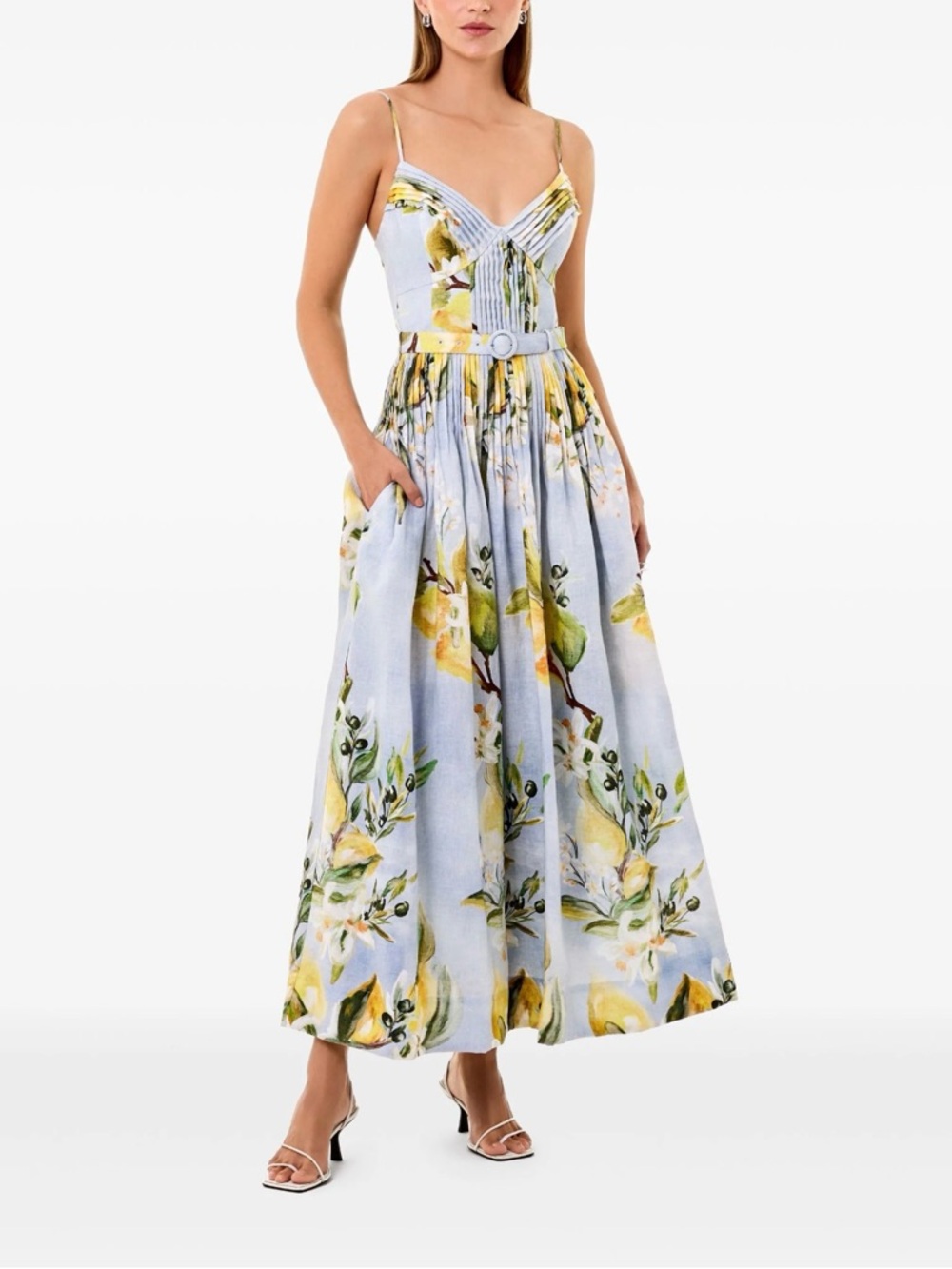 $495 NWT Nicholas Blue Mireille Pintuck Floral-Print Linen Midi Dress Size 8